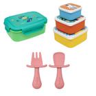 Kit Hora do Lanche Bento Box Dino, Kit Potinho Animal Fun e Talheres em Silicone Rosa - Buba