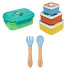 Kit Hora do Lanche Bento Box Dino, Potinho Animal Fun e Talher em Bambu e Silicone Azul - Buba