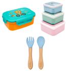 Kit Hora do Lanche Bento Box Leão, Potinho Gumy Rosa e Talher em Bambu e Silicone Azul - Buba