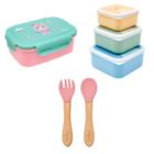 Kit Hora do Lanche Bento Box Unicórnio, Potinho Gumy Azul e Talher em Bambu e Silicone Rosa - Buba