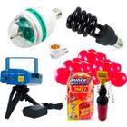 Kit Iluminação Decoração De Festa Com Bexigas E Inflador Jogo De Luzes Laser Bola Rgb Luz Negra 36w