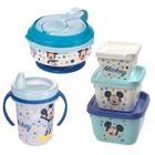 Kit infantil caneca com bico, conjunto 3 potes e pote papinha com amassador Mickey Plasutil