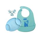 Kit Infantil de Silicone Prato em Formato de Urso Babador e Talheres Infantis Bebê Criança Papinha