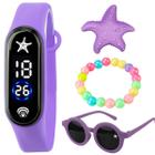 Kit Infantil Menina Sereia Fundo Do Mar + Óculos Estiloso Relógio Bracelete Aprova Água + Pulseira Perolas Coloridas Brinquedo Estrela