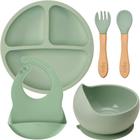 Kit Introdução Alimentar Blw Prato Bowl Talheres Babador Em Silicone Verde Buba