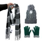 Kit Inverno Feminino Completo 3 Peças Cachecol De Franja Touca Com Pompom Macia Luva Touch Screen