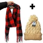 Kit Inverno Frio Cachecol Xadrez Influencer Touca Pompom