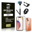 Kit iPhone 13 6.1 Bastão de Selfie Bluetooth + Capinha Anti Impacto + Película Vidro 3D -Armyshield