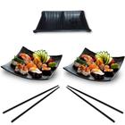 Kit Jantar Casal Comida Japonesa 2 Pratos Concavos + 2 Pares Hashi + 1 Molheira Preta