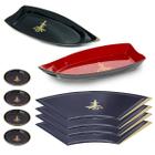 Kit Japonês Oriental Com 4 Prato 4 Molheira E 2 Barcos