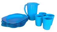 kit jarra 2Lts com copo ondulado e prato quadrado grande raso color plastico mesa cozinha presente