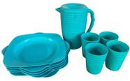 kit jarra 2Lts com copo ondulado e prato quadrado grande raso color plastico mesa cozinha presente