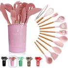 Kit Jogo 12 Peças Utensílios De Silicone Para Cozinha Com Cabo De Madeira + Balde - Linha Kitchen