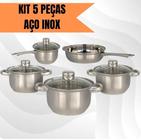 Kit Jogo Conjunto Panelas 5 Peças Tampa Vidro Aço Inox