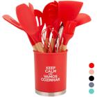 Kit Jogo De Cozinha Silicone Vermelho 13 peças Utensílios Cabo Madeira Uny Home