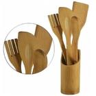 Kit Jogo De Talheres Bambu 5 Peças Madeira Para Cozinha Com Suporte