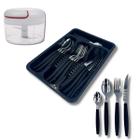 Kit Jogo Talheres Faqueiro Aço Inox Gaveteiro Preto E Mini