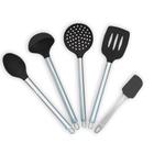 Kit Jogo Utensílios De Cozinha Silicone Cabo Inox 5 Peças Colher Concha Escumadeira Espátula Mini Espátula