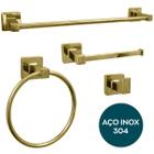 Kit Lavabo Banheiro Dourado Suporte De Toalha Quadrado Inox 304 Jogo De Acessorio 4 Peças Gold Luxo Toalheiro Porta Toalha Argola Papeleira Gancho