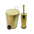 Kit Lavabo Inox Dourado Lixeira Pedal 12L E Escova Sanitaria