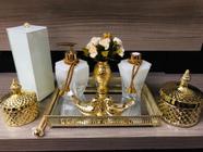 Kit Lavabo Luxo Dourado Branco Aroma Sabonete Porta Escovas