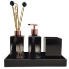 Kit Lavabo Sabonete Líquido Difusor Porta Escova Bandeja Preto e Rose Gold