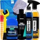 Kit Lavagem Premium Para Moto Shampoo MotoV Revitalizador de Plasticos Rejuvex Cera Cristalizadora Tok Final Vonixx pneu Pretinho Vintex