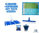 Kit Limpeza de Piscinas Escova + Aspirador + Tester de pH & Cloro + Clorador