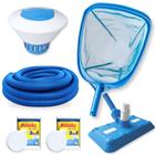 Kit Limpeza Piscina Aspirador + Peneira Puca + Clorador + Mangueira 38mm 4 Mts+ Pastilha de Cloro 3 em 1