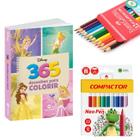 Kit Livro para Colorir 365 Desenhos Princesas Disney com Lápis 12 Cores Faber e Canetinhas Hidro Infantil