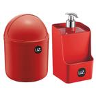 Kit Lixeira 4 Litros Porta Detergente Cozinha Pia Vermelho