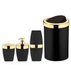 Kit Lixeira 8L Basculante Dispenser Sabonete Porta Escova Dente Algodão Preto Dourado Banheiro - Future