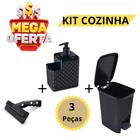 Kit Lixeira Cozinha 7 Litros Rattan C/ Pedal + Porta Detergente + Rodinho De Pia Preto