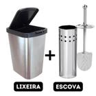 Kit Lixeira Grande Cesto De Lixo 9 Litros Escova Sanitária Limpar Vaso Tipo Aço Inox Suporte Banheiro Cozinha Click