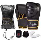 Kit Luva De Boxe E Muay Thai Naja Black Line + Bandagem + Protetor Bucal + Bolsa Bag