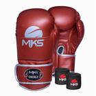 Kit Luva de Boxe MKS Energy V2 Metalic Red e Bandagem Preta 2,55m