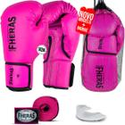 Kit Luva de Boxe Muay Thai MMA Bandagem e Bucal Rosa 10oz