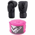 Kit Luva de Boxe/Muay Thai Vollo Preta 14 Oz + Bandagem Elástica Rosa