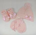 kit luva, touca e sapatinho rosa claro para bebê de 0 a 2 meses em tricô