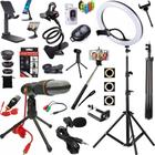 Kit Luz Hing Light 26cm + Tripé 2m Microfone Acessórios Celular Filmagem Gravação