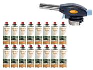 Kit maçarico culinário automático controle de chama + 16 refil gás butano globalmix solda artesanato