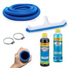 Kit Mangueira 38mm 2m Azul + Abracadeiras + Escova 44cm + Algicida Manutencao + Limpa Bordas Piscina