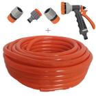 Kit mangueira siliconada 50m resistente ao sol para jardim laranja com esguicho 6 jatos e engate rapido tramontina