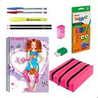 Kit Material Escolar Caderno 10 Matérias Estojo Triplo + Itens Feminino