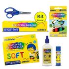 Kit Material Escolar Infantil 6 peças Acrilex com Guache Tempera Tesoura Cola Branca e Cola Colorida