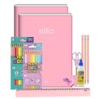 Kit Material Escolar Volta as Aulas Infantil Menina Tons Pasteis 32pcs Caderno Brochura Lápis Preto e Cor Borracha Régua