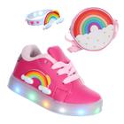 Kit Menina Tenis Luzinha Led Pisca Arco Iris Colorido Vem Com Bolsa Criança