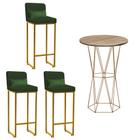 Kit Mesa Bistrô Flork e 3 Banqueta Lucca Alta Com Encosto Tampo Castanho Ferro Dourado Suede Verde e Almofada Verde - Ahazzo Móveis