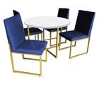 Kit Mesa de Jantar Theo com 4 Cadeiras Sttan Ferro Dourado Tampo Branco Sintético Azul Marinho - Ahz Móveis