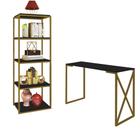 Kit Mesa Escrivaninha Bex Com Livreiro Multiuso Industrial Ferro Dourado MDF Preto - Ahazzo Móveis